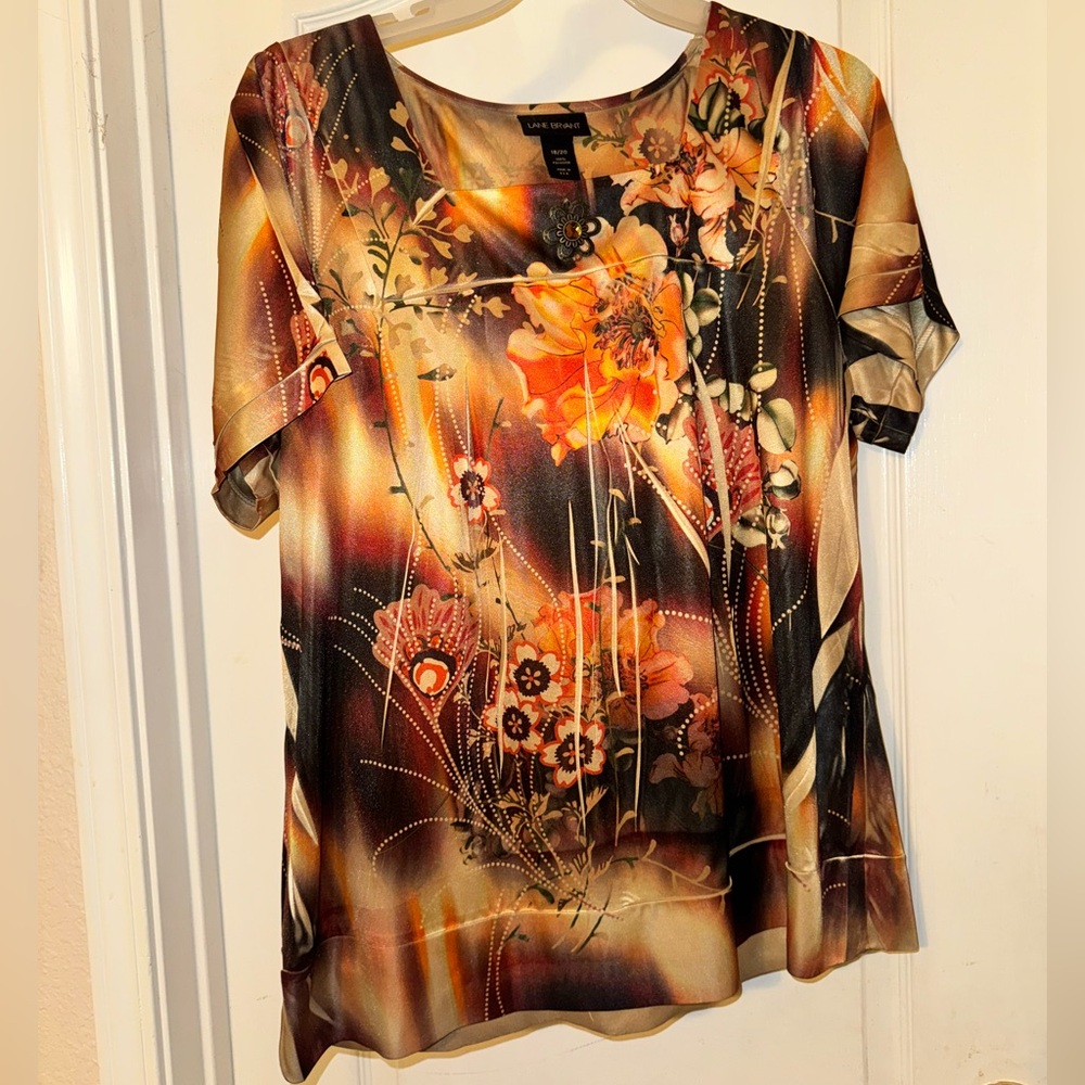 Lane Bryant Orange Brown Graphic Short Sleeve Blouse - EUC